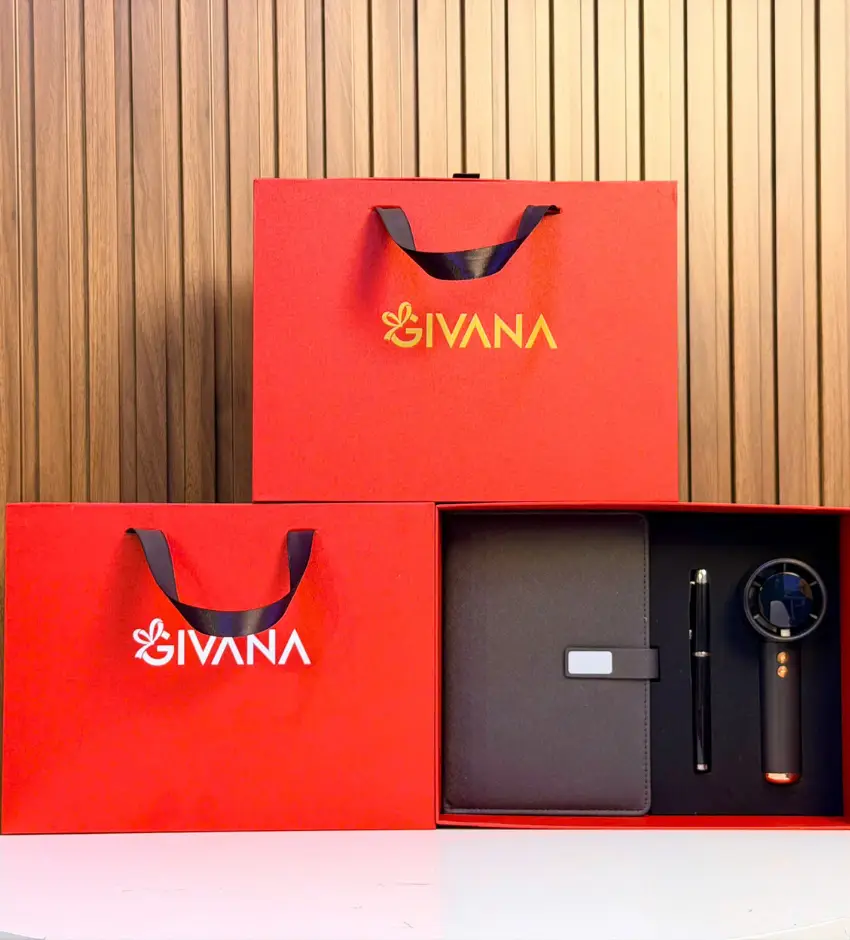 Set quà sổ tay, bút ký và quạt mini Givana