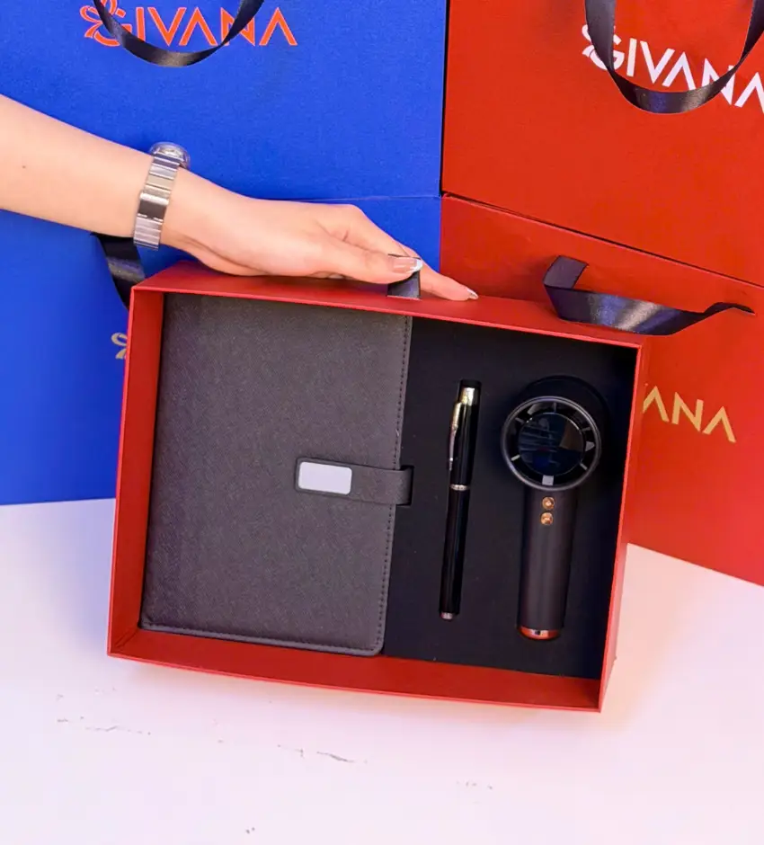 Set quà sổ tay, bút ký và quạt mini Givana