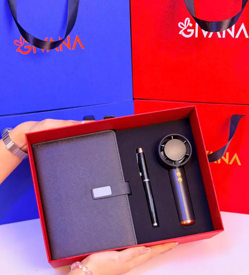 Set quà sổ tay, bút ký và quạt mini Givana