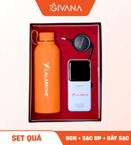 Set quà bình giữ nhiệt, sạc dự phòng và dây sạc Givana