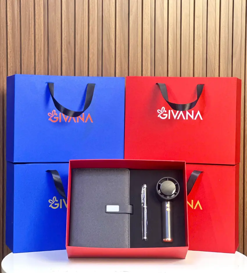 Set quà sổ tay, bút ký và quạt mini Givana
