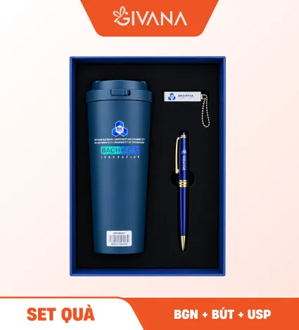 Set quà ly giữ nhiệt, bút ký và USB Givana